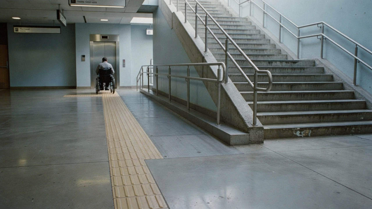 A station lift opening onto a subway platform with tactile paving along the edge, the ground-to-platform link that makes Tokyo wheelchair accessible