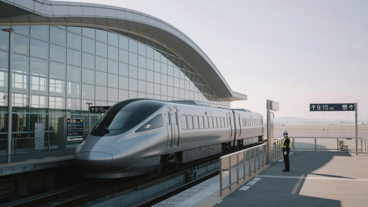 A monorail train leaving the terminal station on the way from Haneda Airport to Tokyo, city towers behind the elevated track