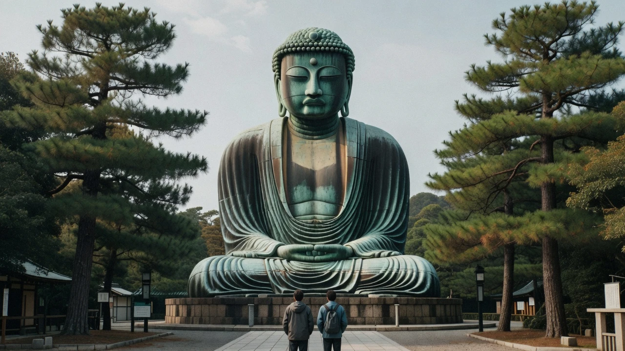 The bronze Great Buddha seated in the open air at Kotoku-in on a Kamakura day trip from Tokyo, Kanagawa Japan
