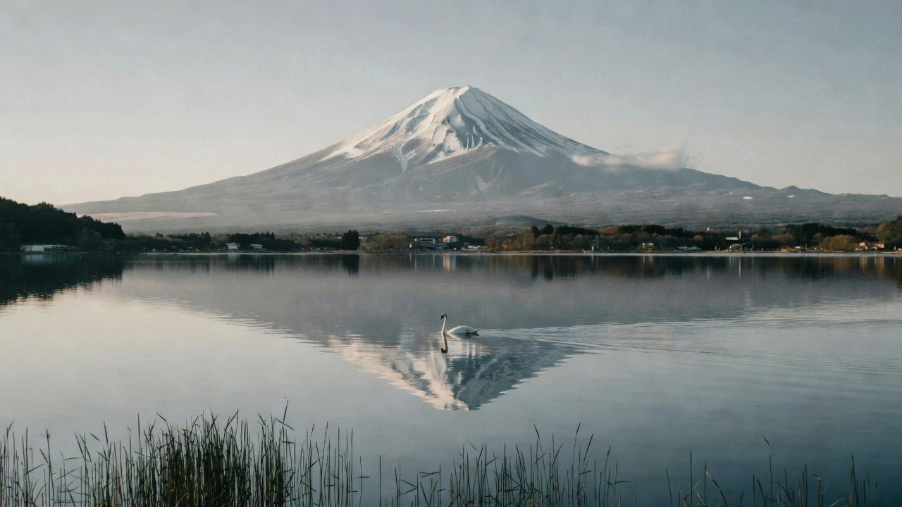 Mount Fuji rising above Lake Kawaguchi in clear morning air on a Mount Fuji day trip from Tokyo, Yamanashi Japan