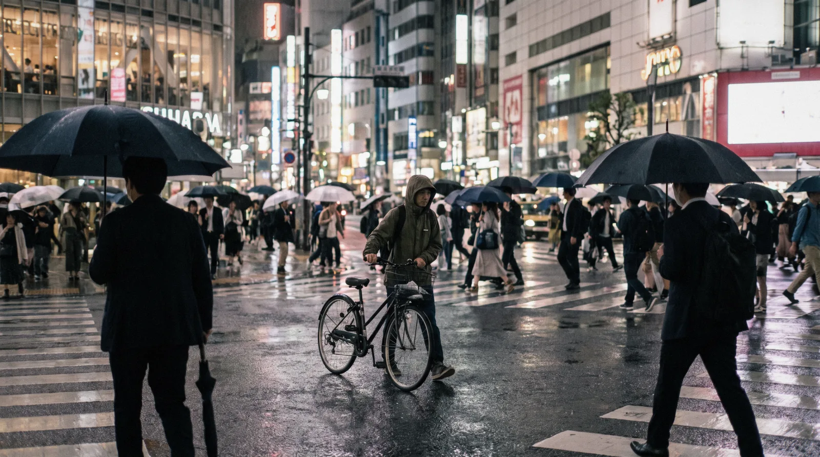 The scramble crossing outside Shibuya station seen from above at night in Tokyo, Japan