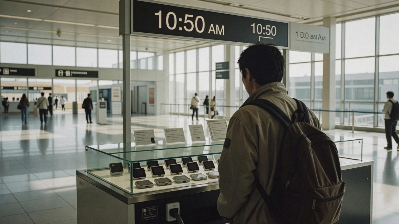 A traveller checking a phone map at a Tokyo station concourse, the choice between a Tokyo SIM card, an eSIM and pocket Wi-Fi