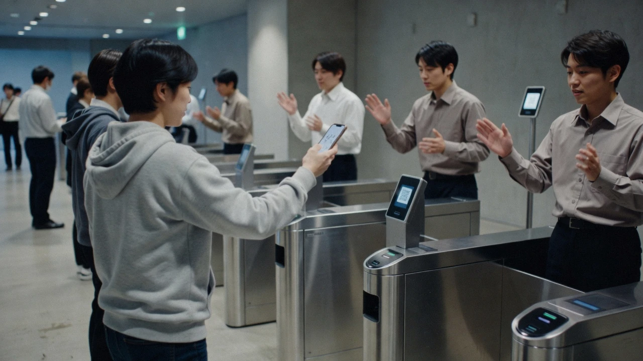 A phone showing a timed QR entry code held up at a dark museum entrance gate in Tokyo, teamLab tickets