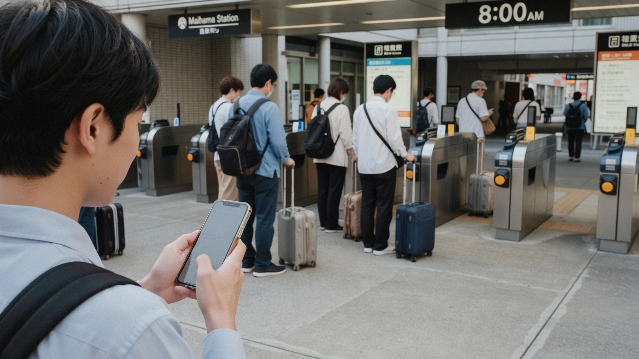 A phone displaying a dated park e-ticket held up at the closed ticket booths of the Maihama park entrance, buying Tokyo Disney tickets