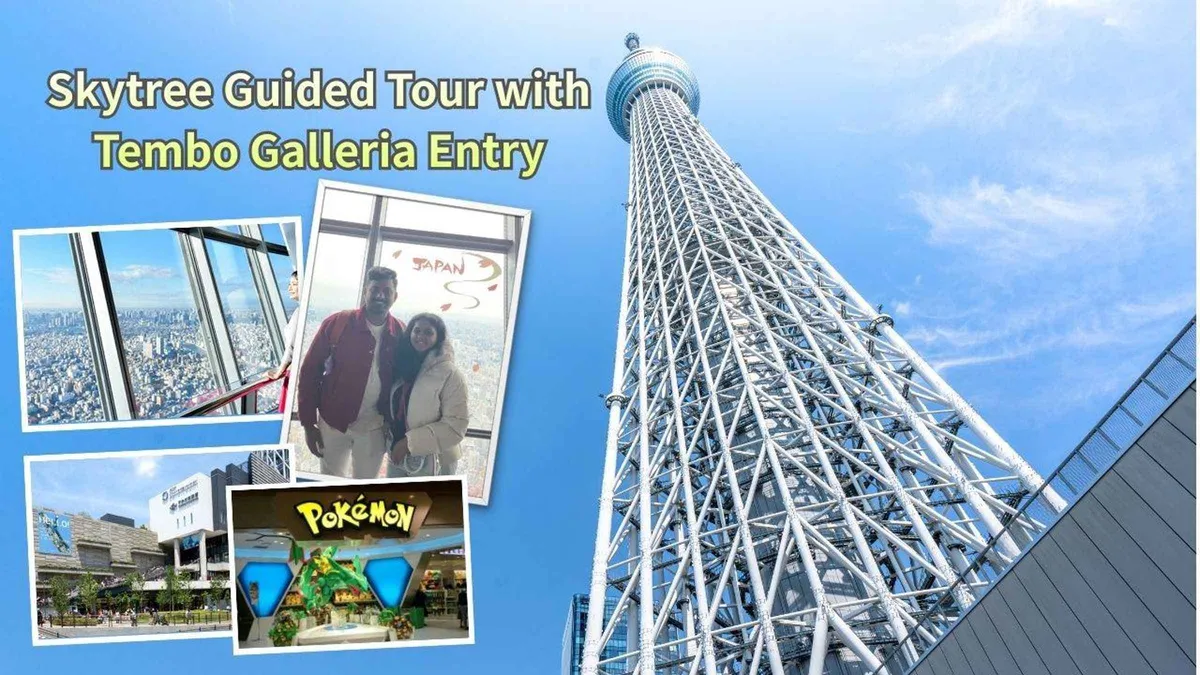 Private guide pointing out city landmarks to visitors on the Tembo Galleria at Tokyo Skytree, Tokyo Japan