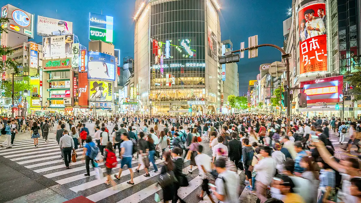 Local guide walking a small group across the Shibuya Scramble Crossing, Shibuya walking tour