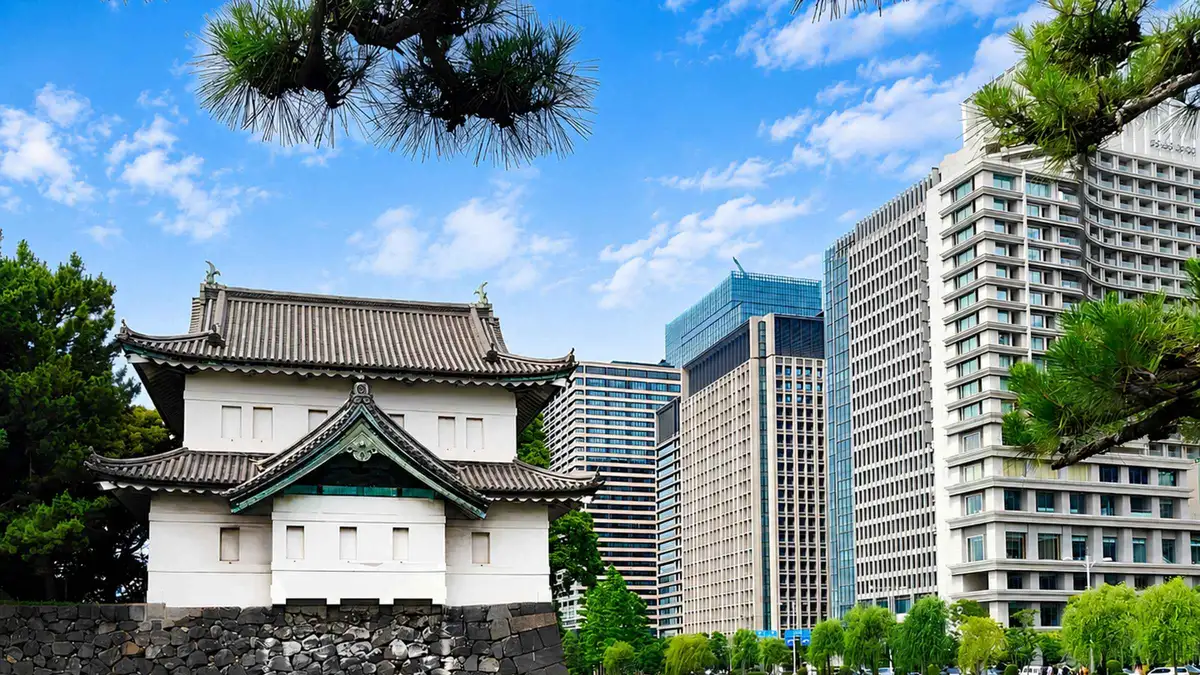 Guide and small group walking past stone castle walls in the Imperial Palace East Gardens on a Tokyo history walking tour