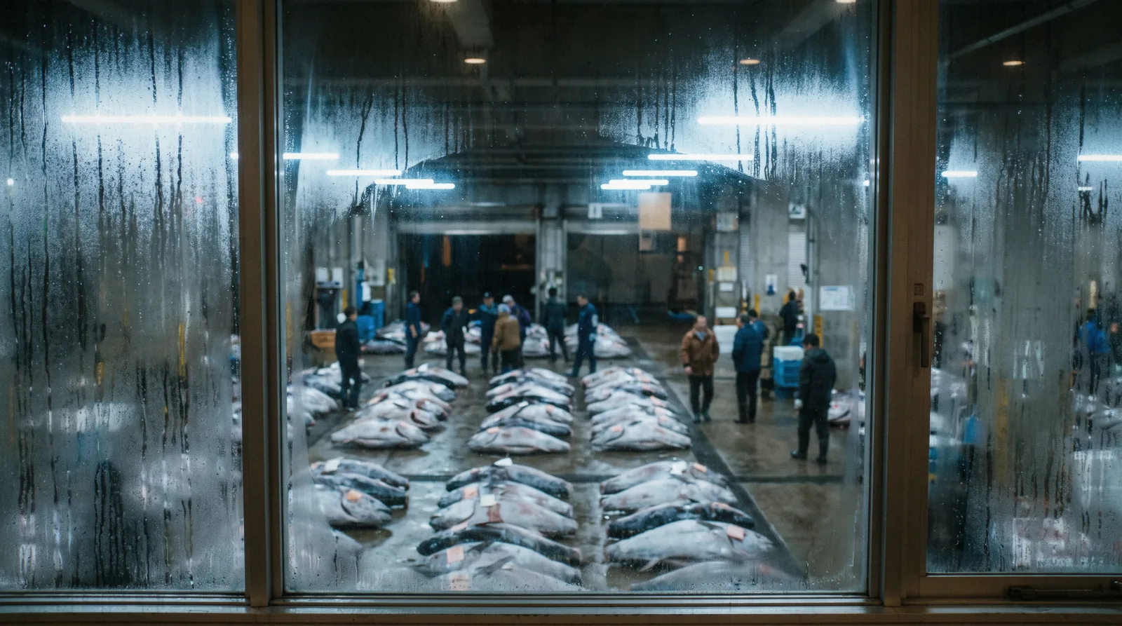 Buyers inspecting rows of frozen bluefin tuna under bright lights on the wholesale floor at Toyosu Market in Tokyo before dawn