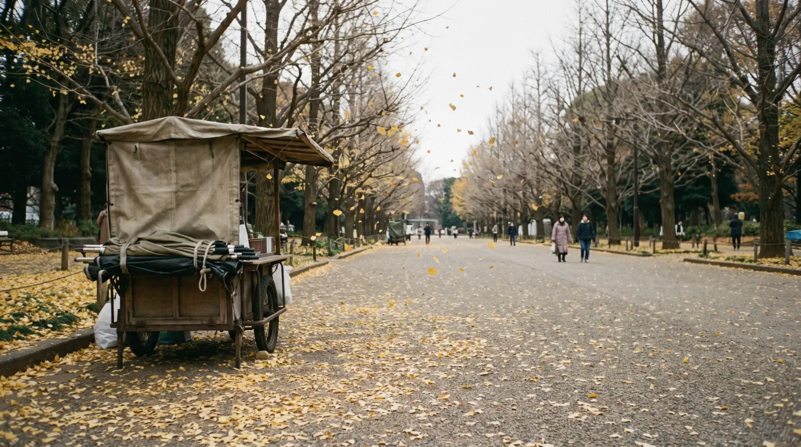 Cherry trees along the central avenue of Ueno Park with the national museum behind, Tokyo, Japan