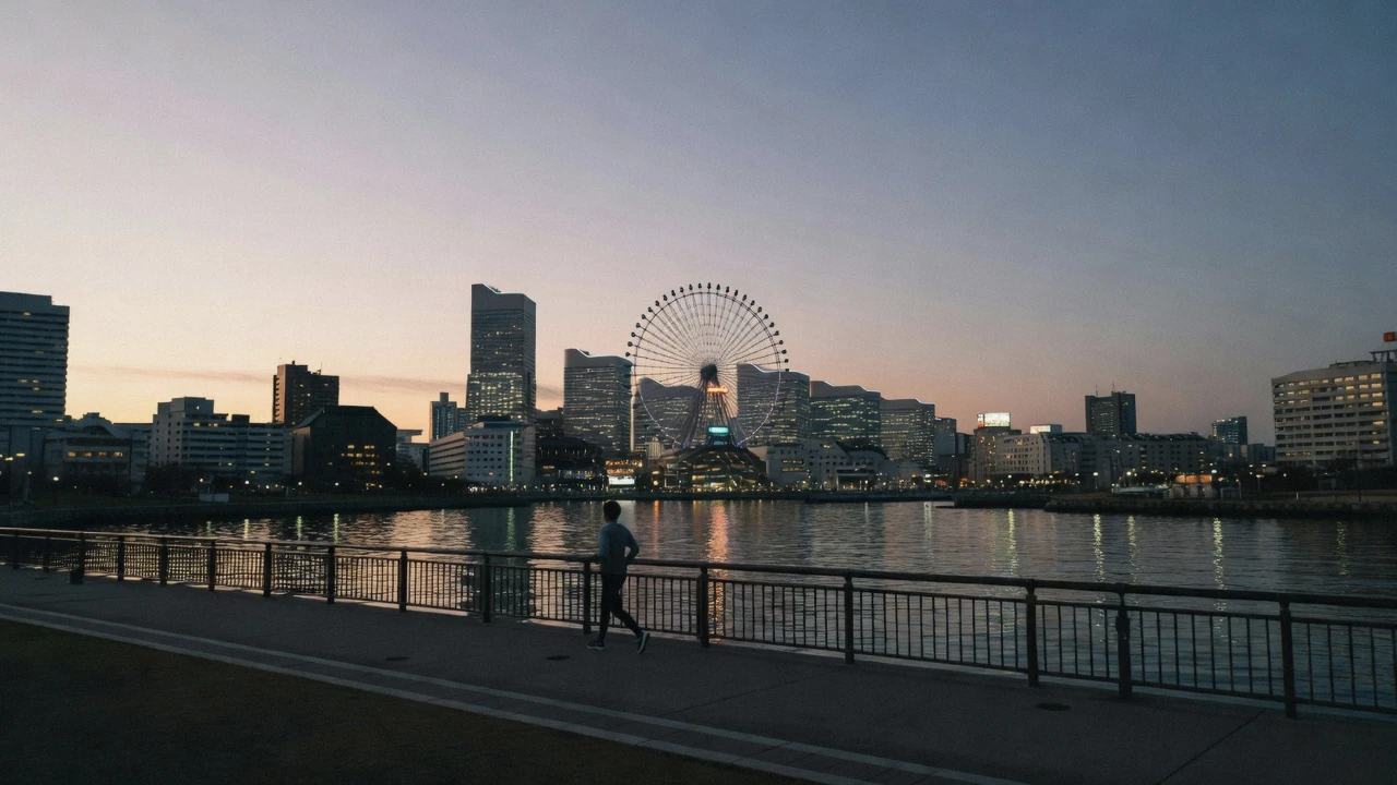 The Minato Mirai waterfront and harbour skyline at dusk on a Yokohama day trip from Tokyo, Kanagawa Japan